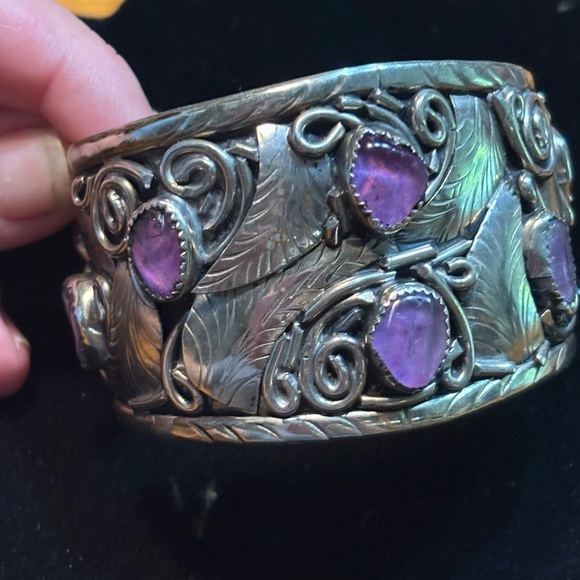 Native American Navajo? Mexican ? cuff bracelet amethyst stones feather design - Picture 2 of 16